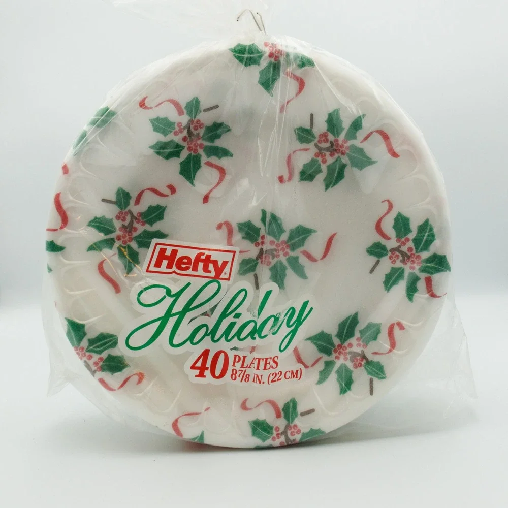 Vintage Christmas Plates Styrofoam Hefty Holiday Holly Berries 40 Foam 2001